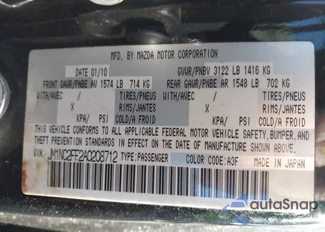 2010 Mazda Mx-5 Miata Touring из США, поврежденный, VIN JM1NC2FF2A0208712